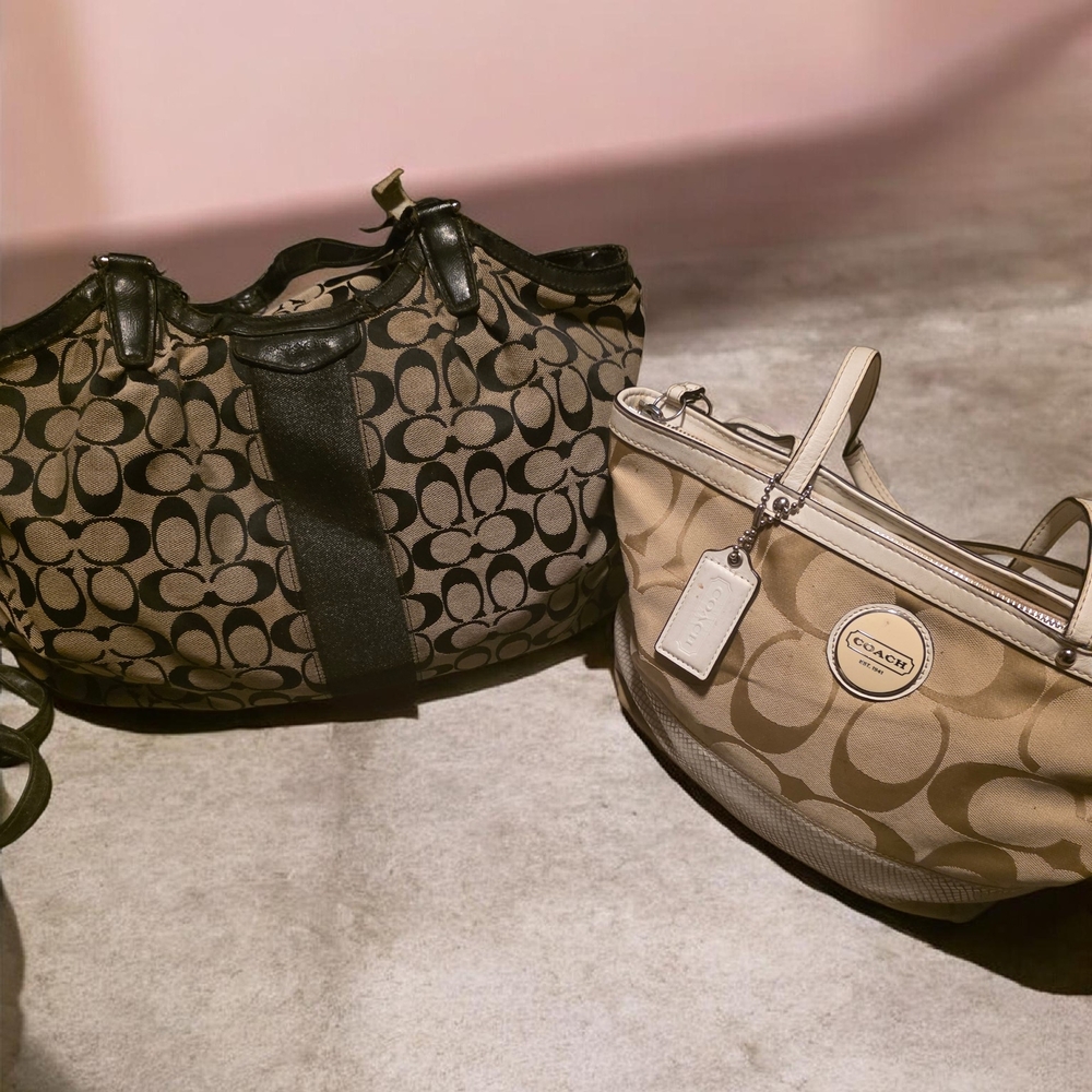2 Coach Black and Tan Signature Shoulder Bags - Picture 2 of 11